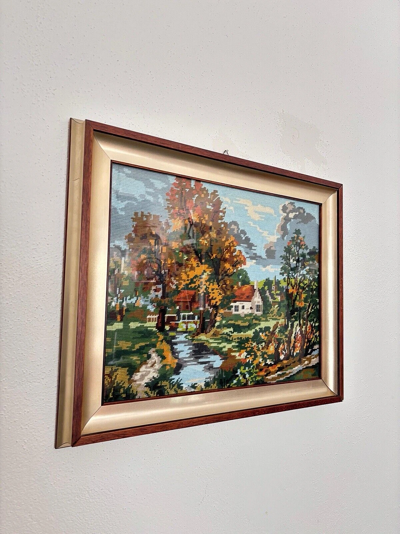 Paesaggio autunnale, quadro all'uncinetto, anni '70 1