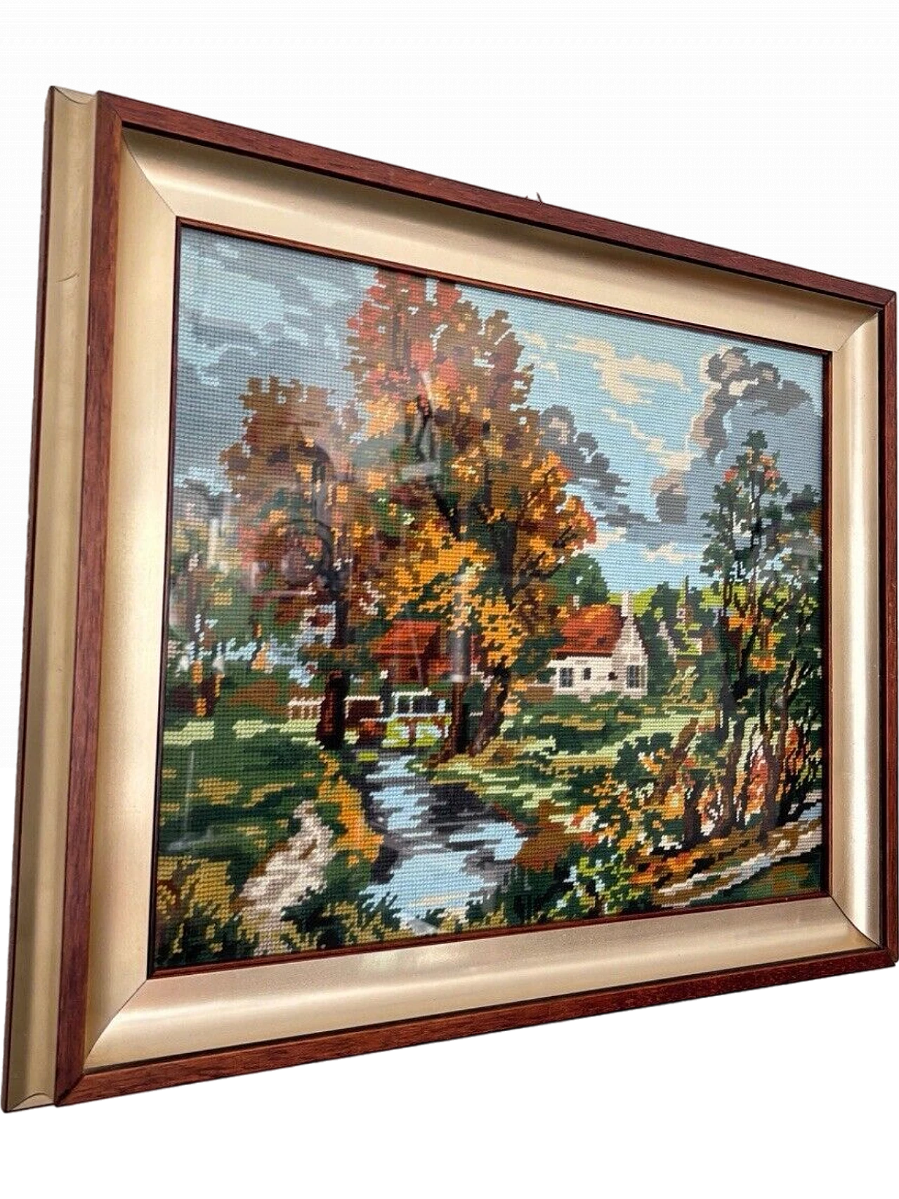 Paesaggio autunnale, quadro all'uncinetto, anni '70 2