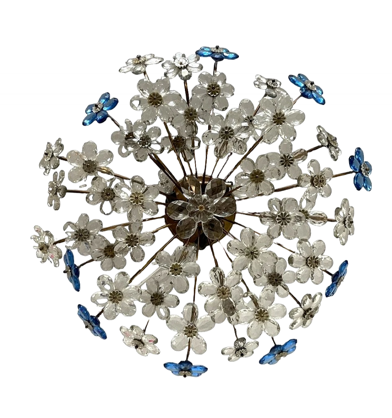 Plafoniera con fiori in vetro di Murano trasparente e blu, anni '60 12