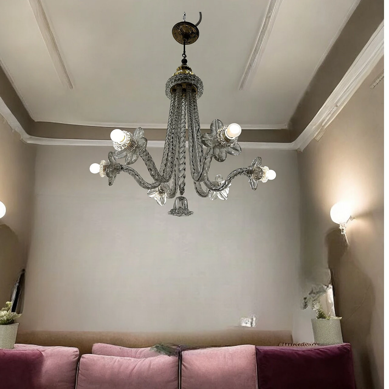 Lampadario Art Deco in vetro di Murano con fiori, anni '40 2