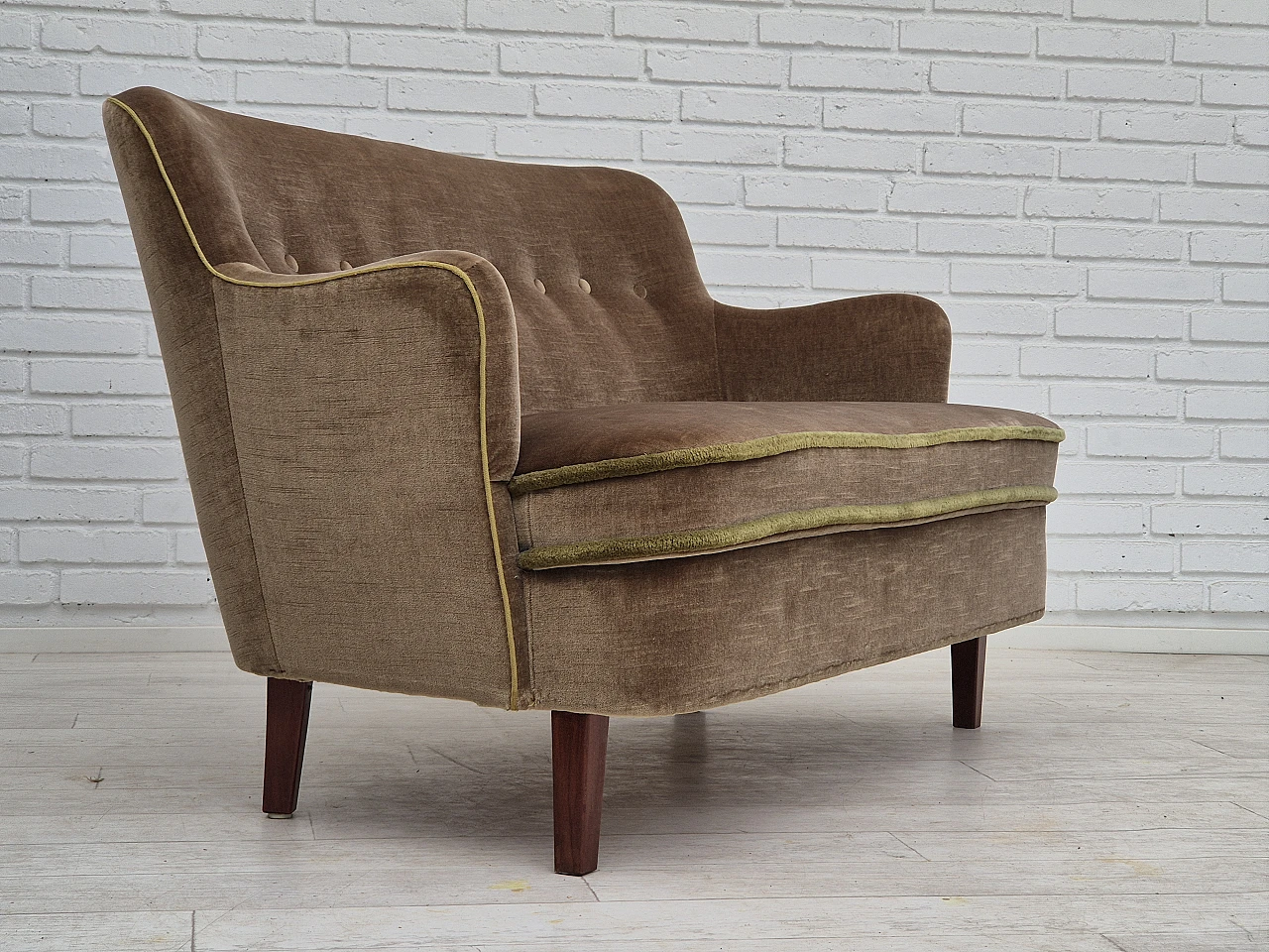2-Seater Danish sofa in green velour & beech legs, 1960s 3