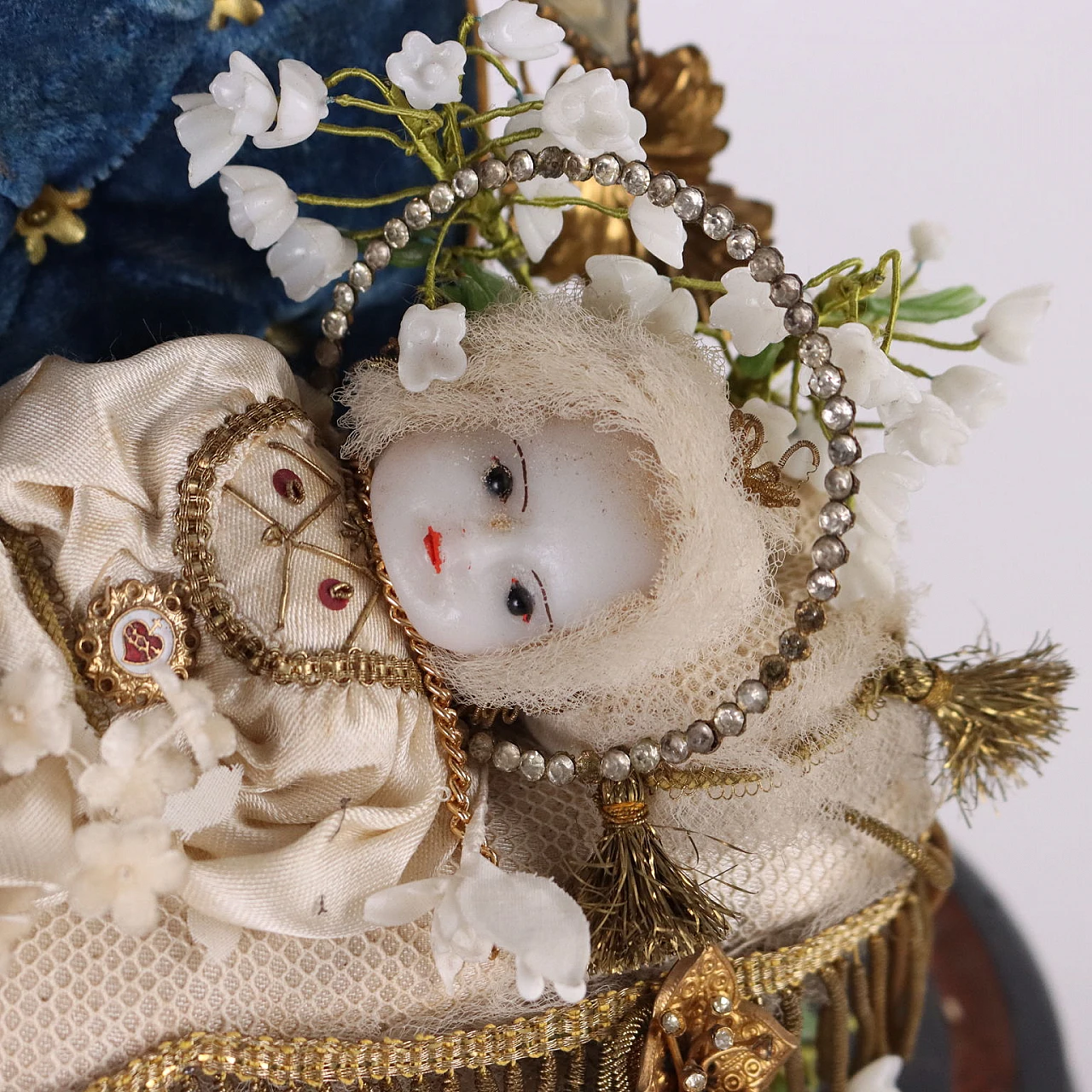 Maria Bambina in cera, tessuto, metallo con teca, inizio '900 3