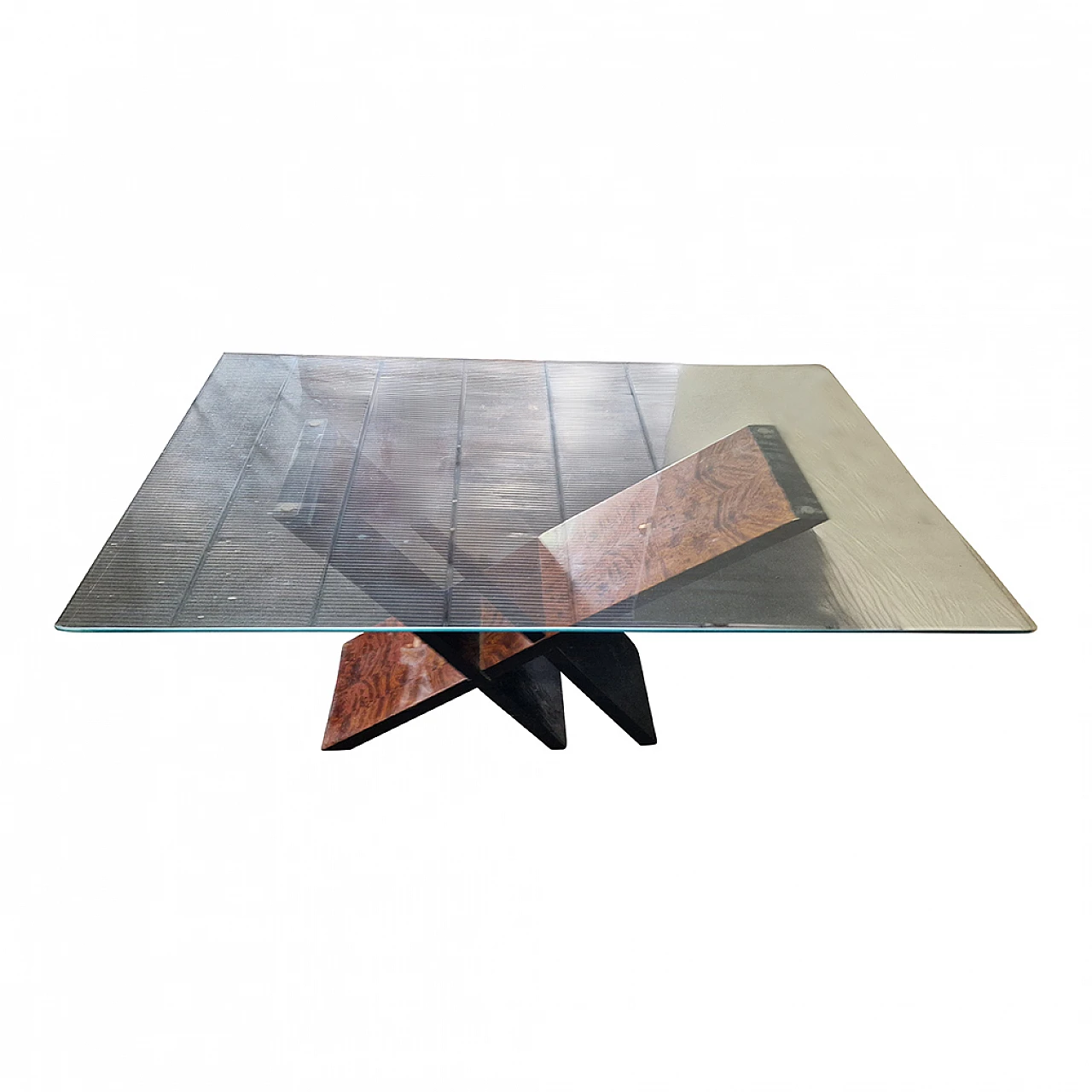 Tavolo in legno laccato nero e radica con piano in vetro, anni '90 4