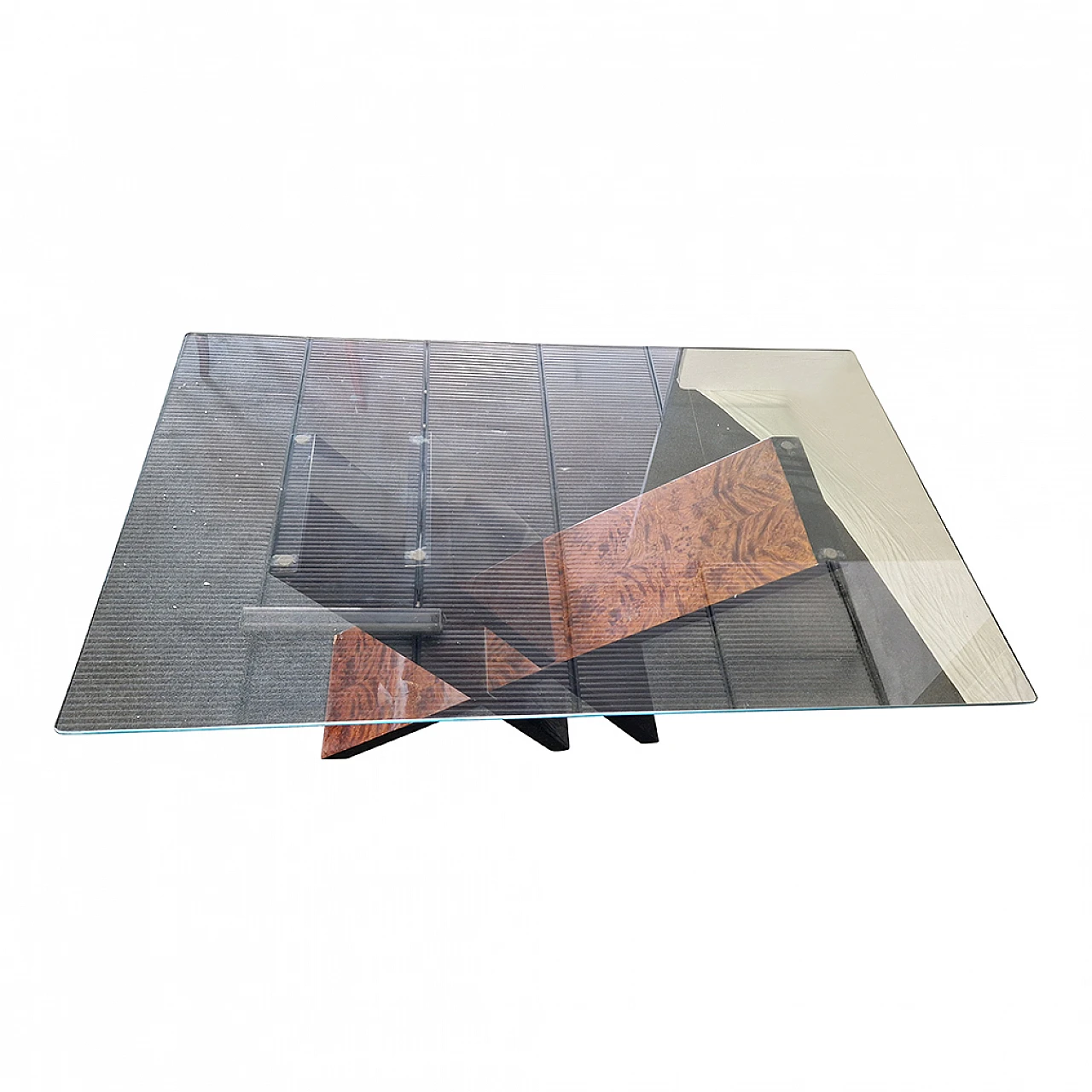 Tavolo in legno laccato nero e radica con piano in vetro, anni '90 5