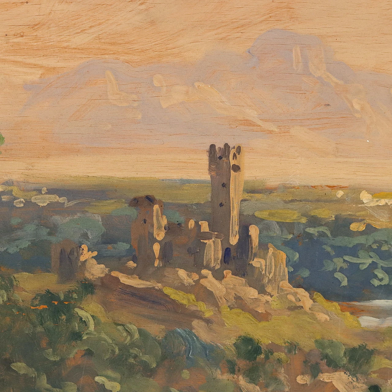 Antonio Oberto, Paesaggio con pastori e rovine, olio su tavola 6