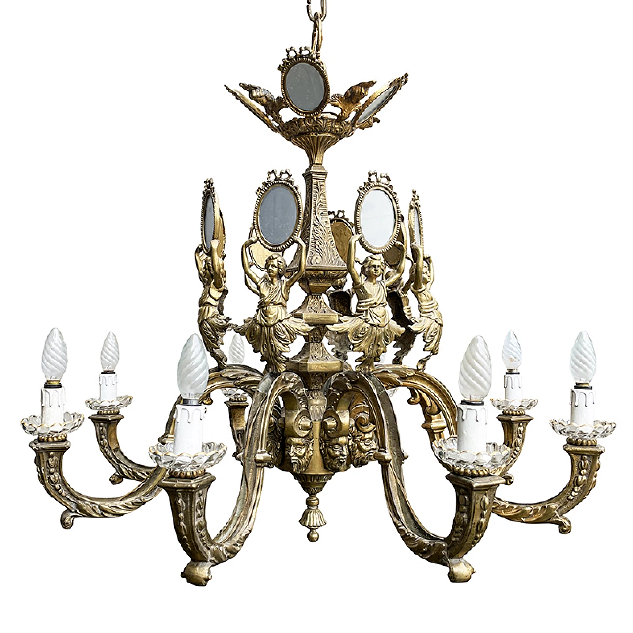 Lampadario a otto luci in bronzo dorato in stile Impero, anni '80 3