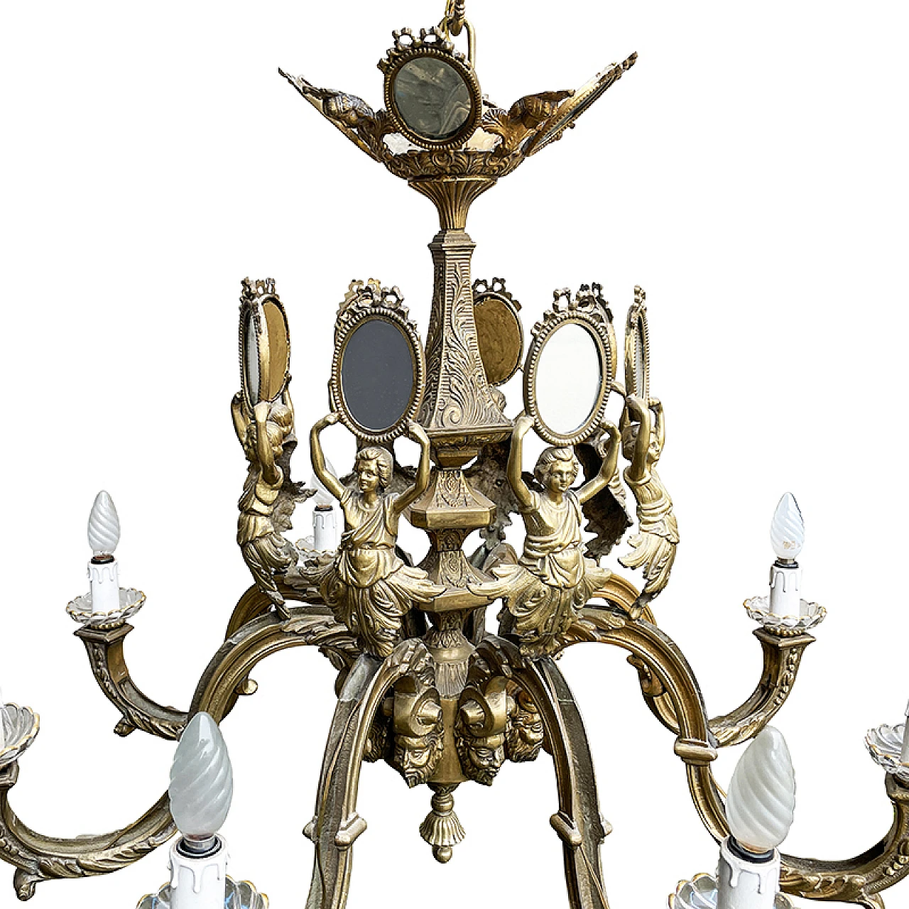 Lampadario a otto luci in bronzo dorato in stile Impero, anni '80 6