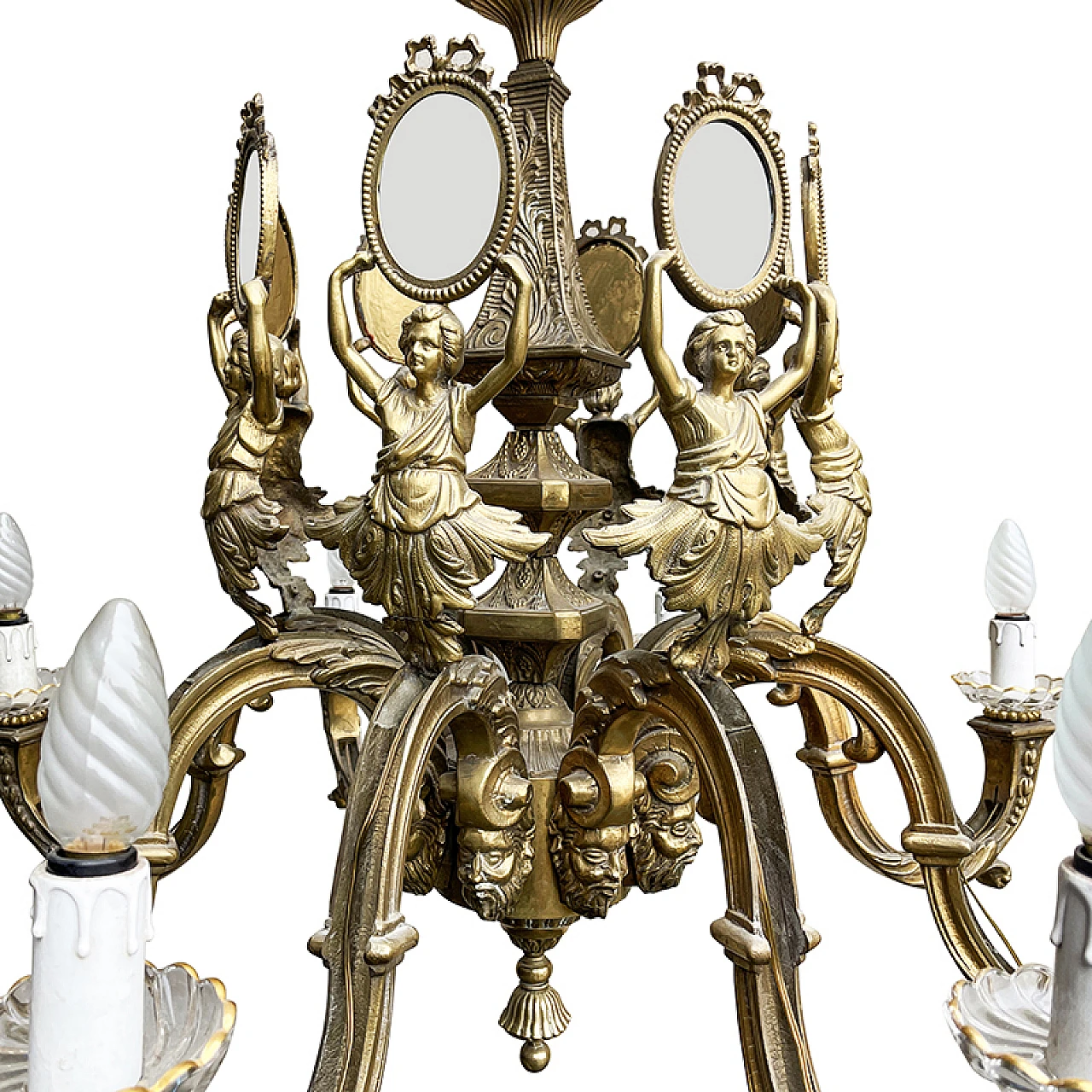Lampadario a otto luci in bronzo dorato in stile Impero, anni '80 10