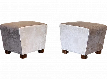 Coppia di pouf in velluto e legno, anni '40