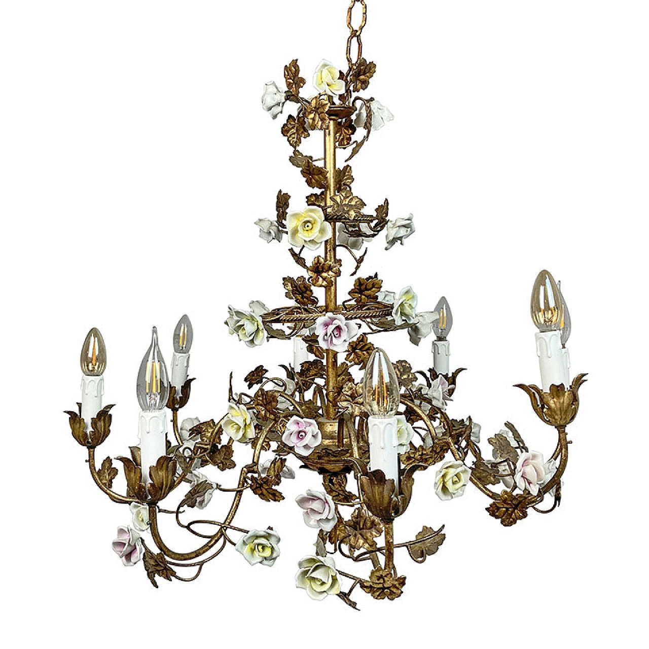 Gilded metal chandelier with porcelain rosettes, early 20th century 1