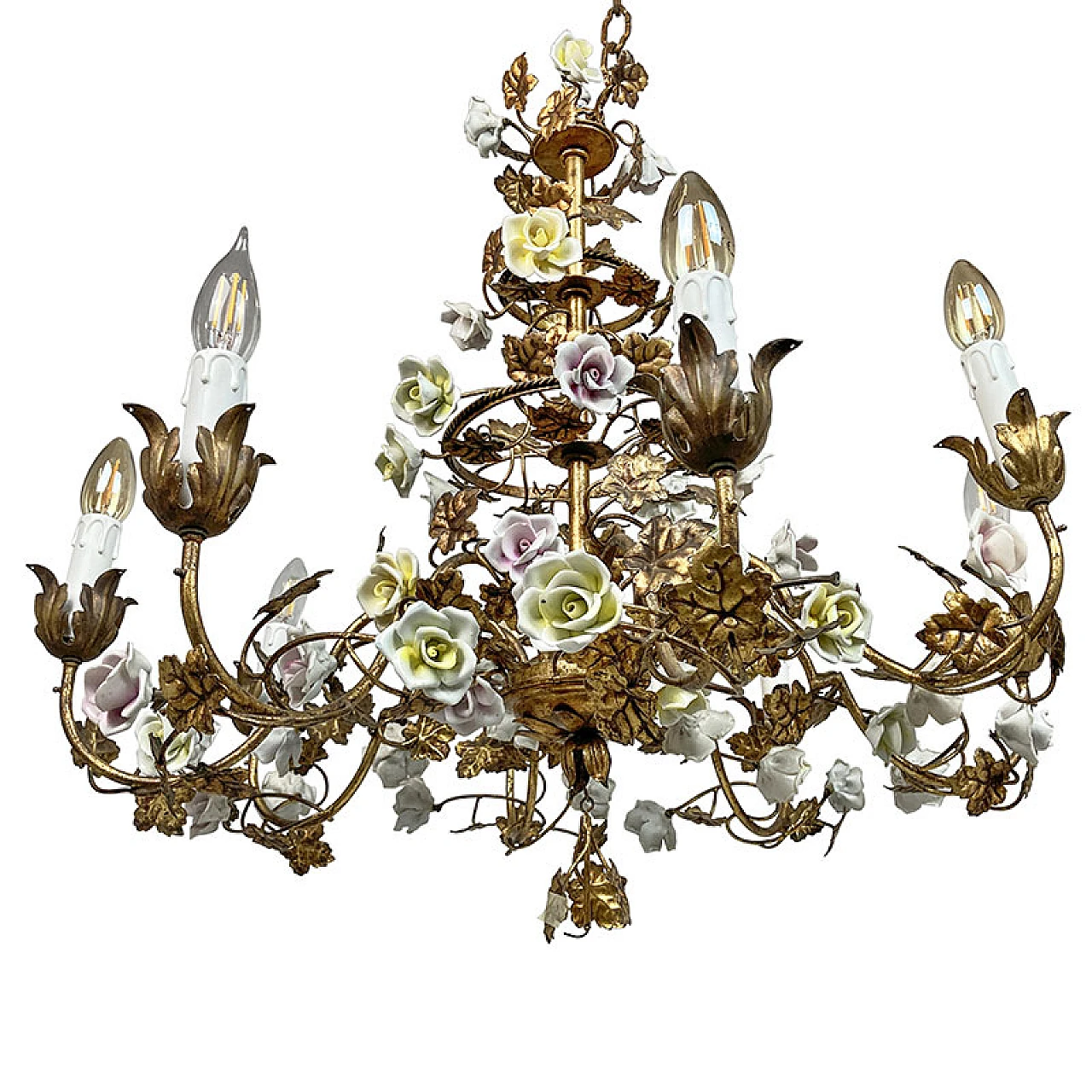 Gilded metal chandelier with porcelain rosettes, early 20th century 2