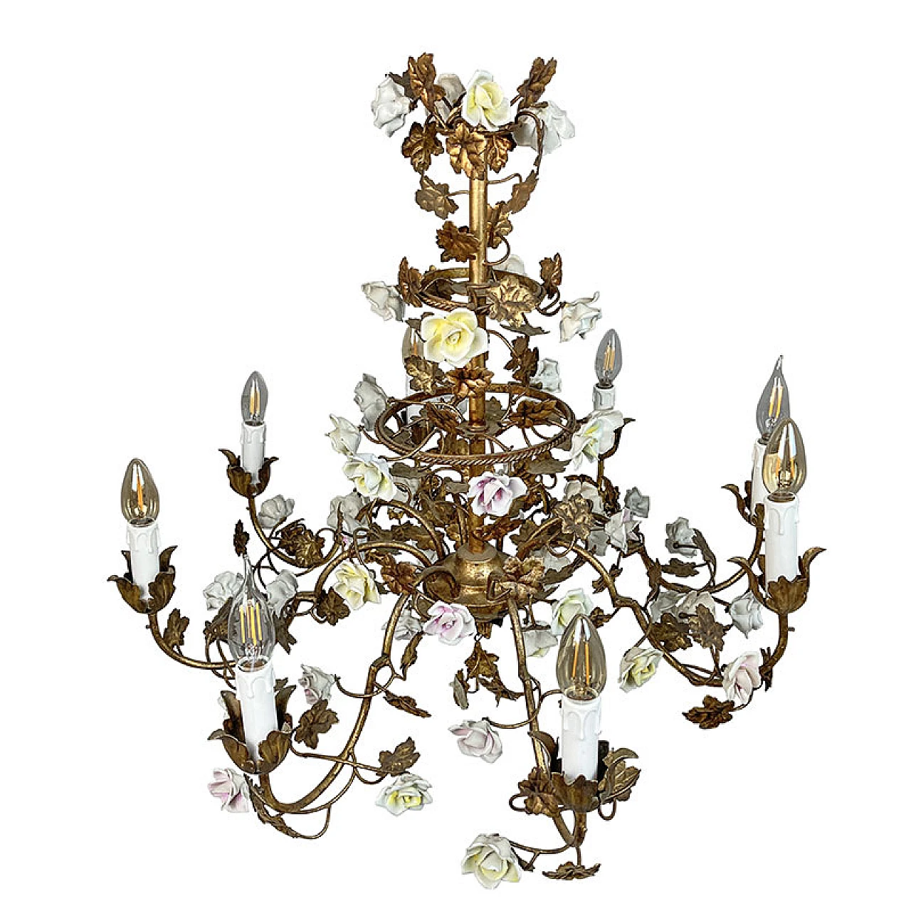 Gilded metal chandelier with porcelain rosettes, early 20th century 3