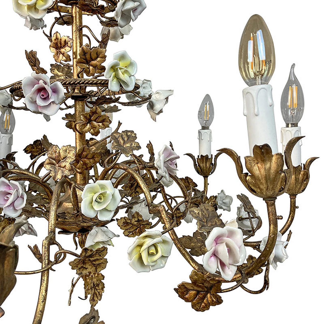 Gilded metal chandelier with porcelain rosettes, early 20th century 4