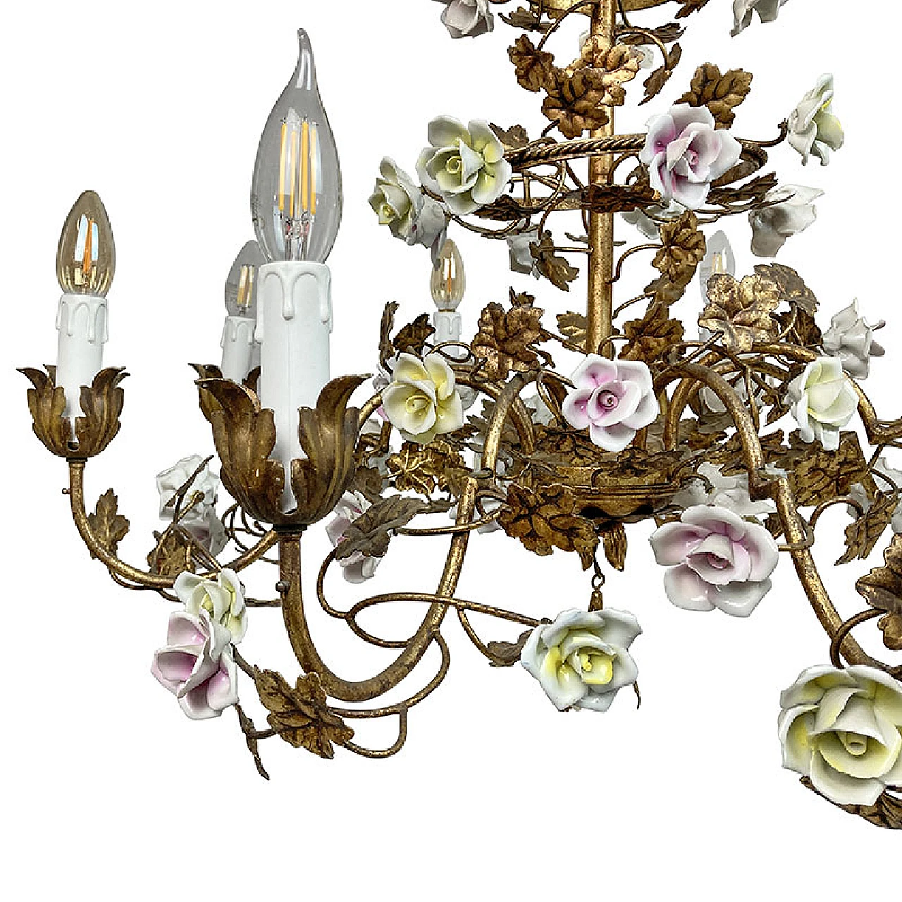Gilded metal chandelier with porcelain rosettes, early 20th century 5