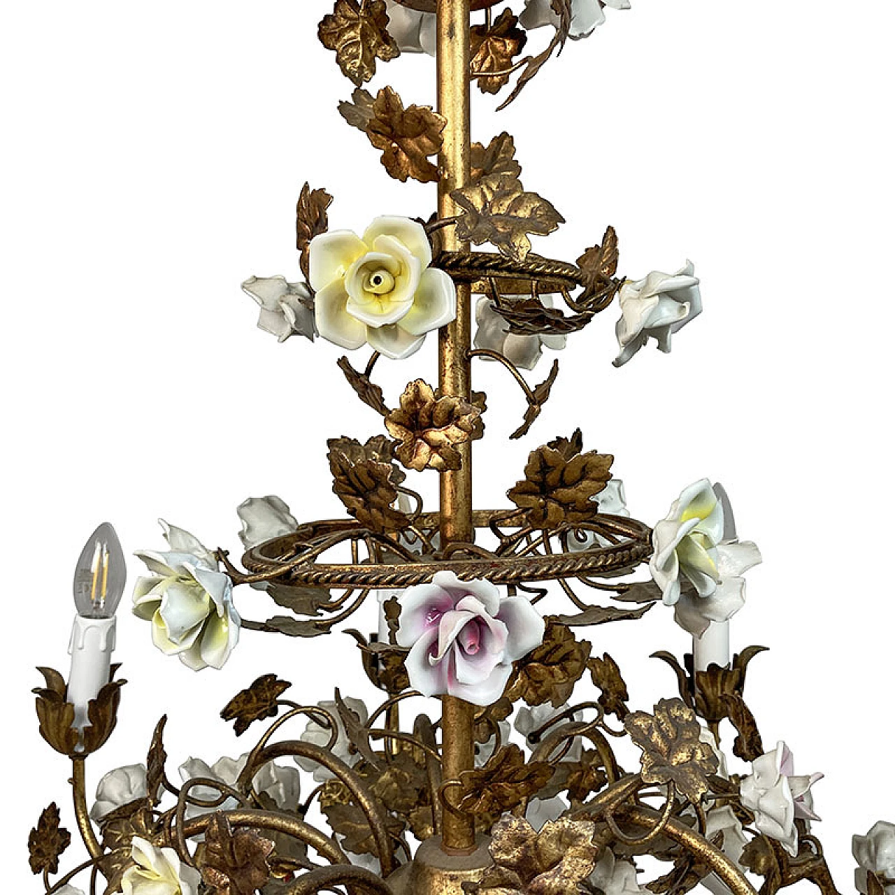 Gilded metal chandelier with porcelain rosettes, early 20th century 6