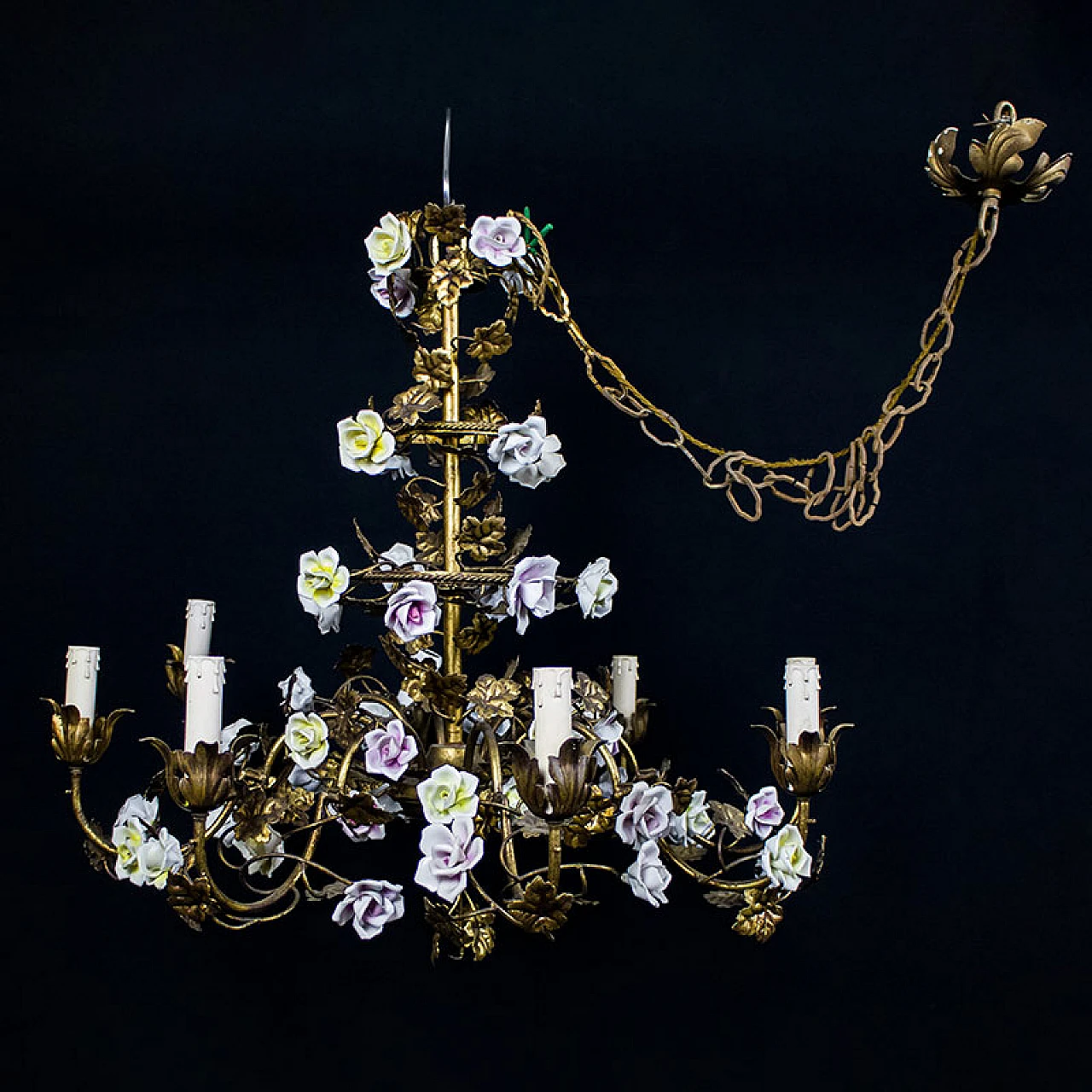 Gilded metal chandelier with porcelain rosettes, early 20th century 9