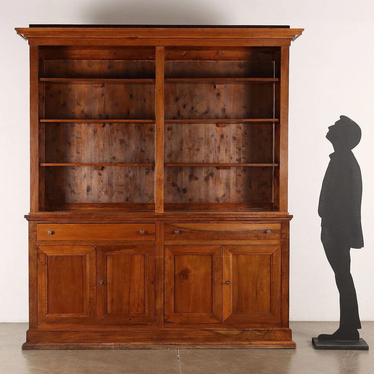 Two-part walnut bookcase with pair of doors, drawers and shelves 2
