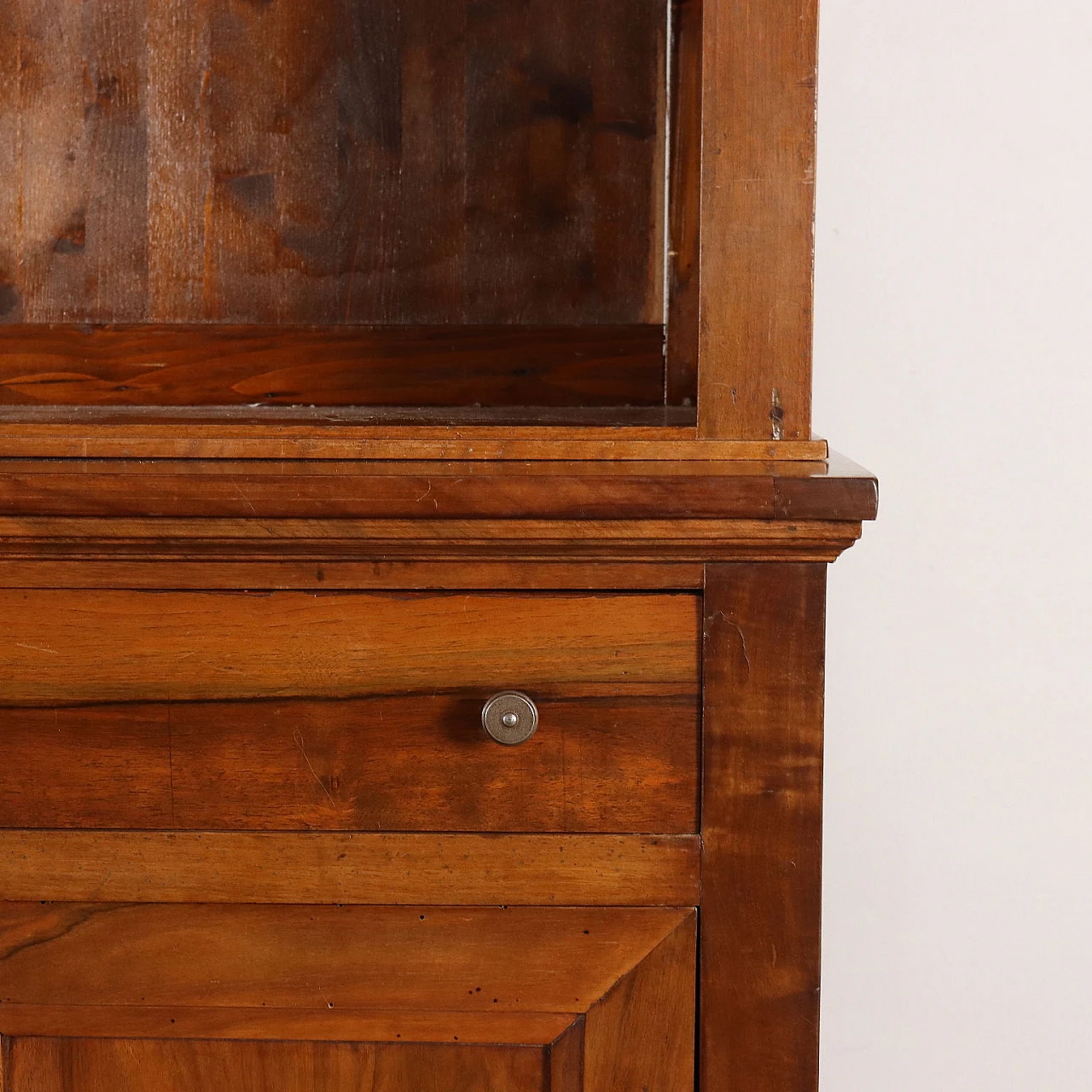 Two-part walnut bookcase with pair of doors, drawers and shelves 6