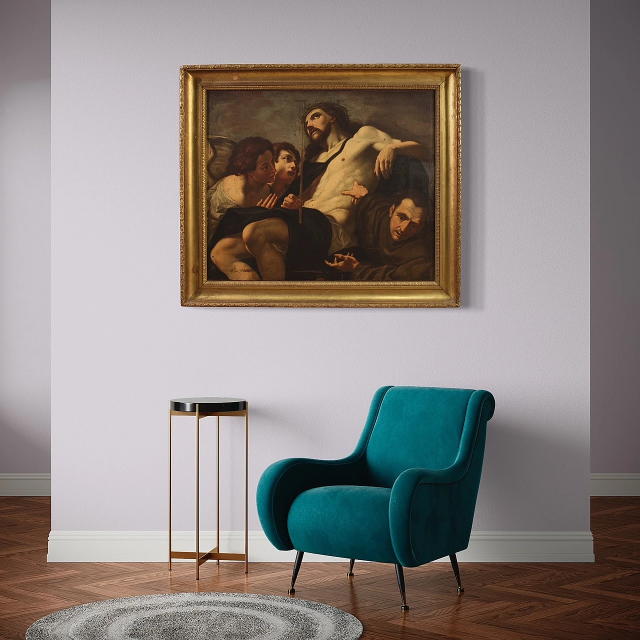 Cristo adorato da angeli e santo, dipinto a olio su tela, '600 7