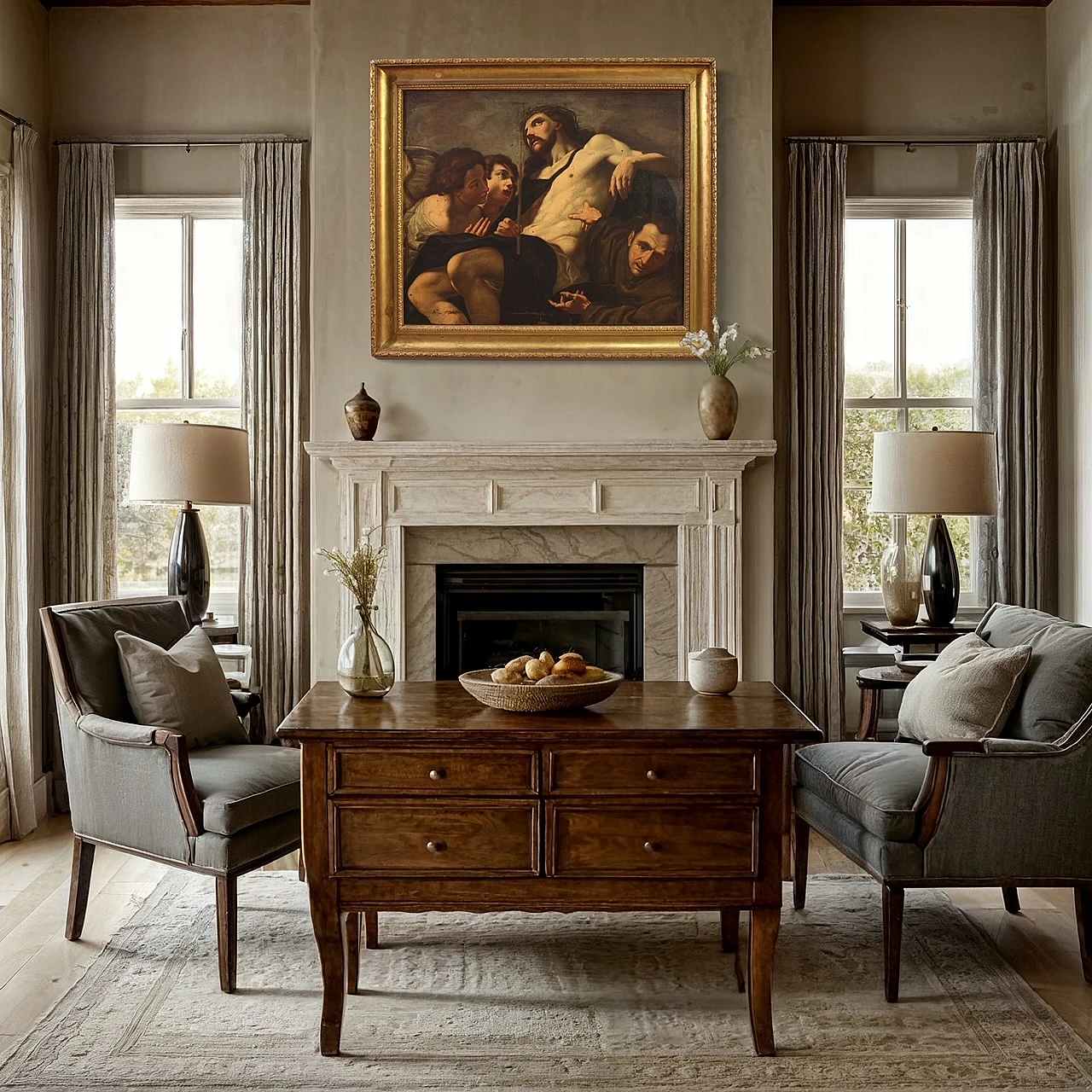 Cristo adorato da angeli e santo, dipinto a olio su tela, '600 15