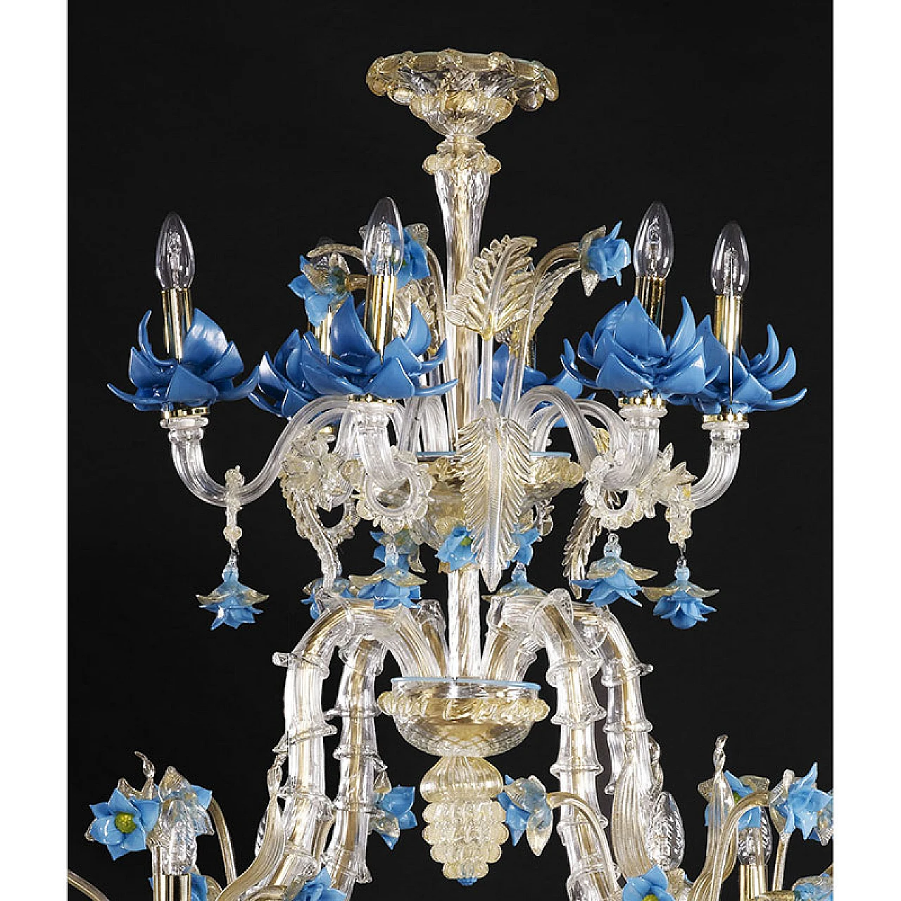 Lampadario in vetro di Murano con fiori azzurri, anni '20 5