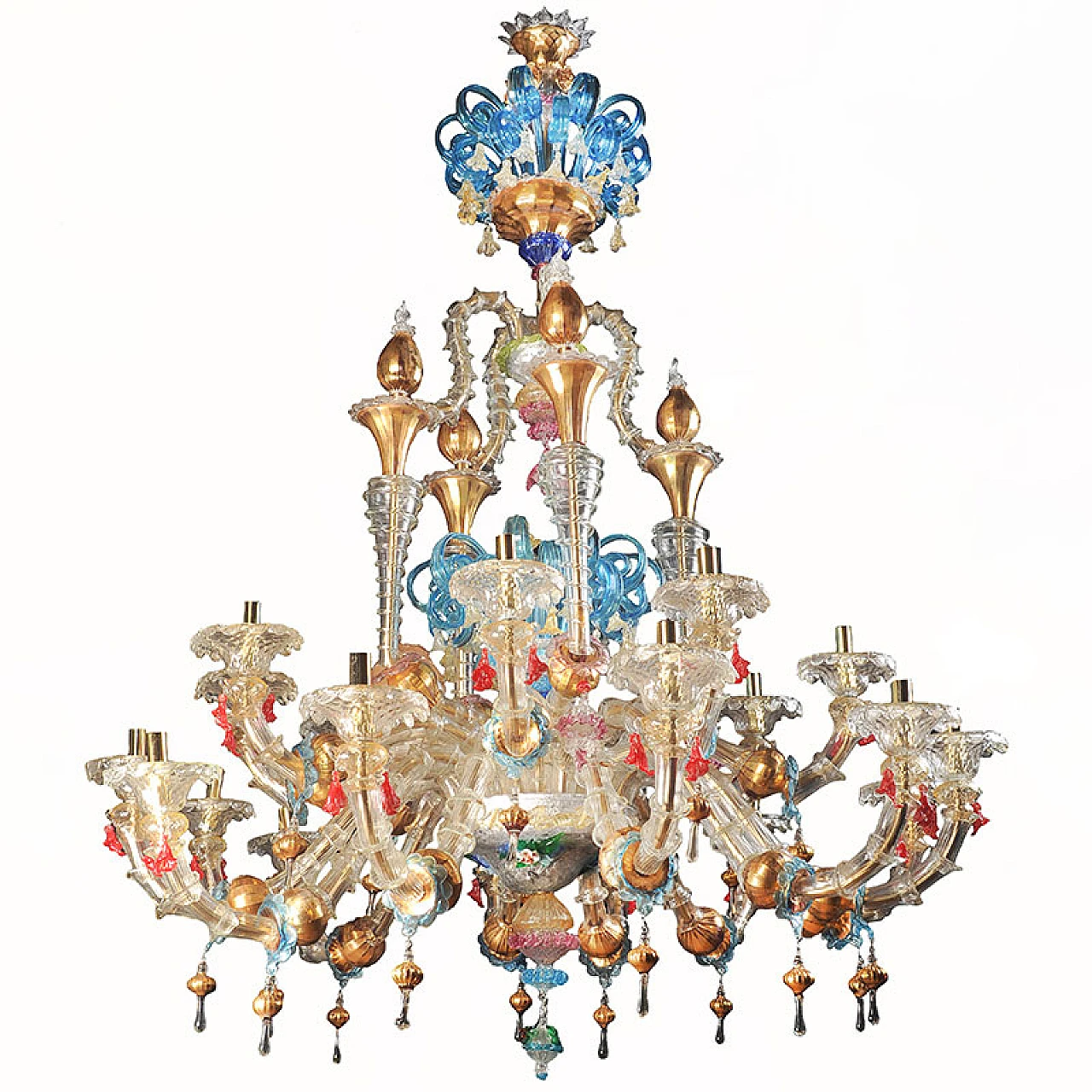 Rezzonico style chandelier in multicolored glass, 1930s 1