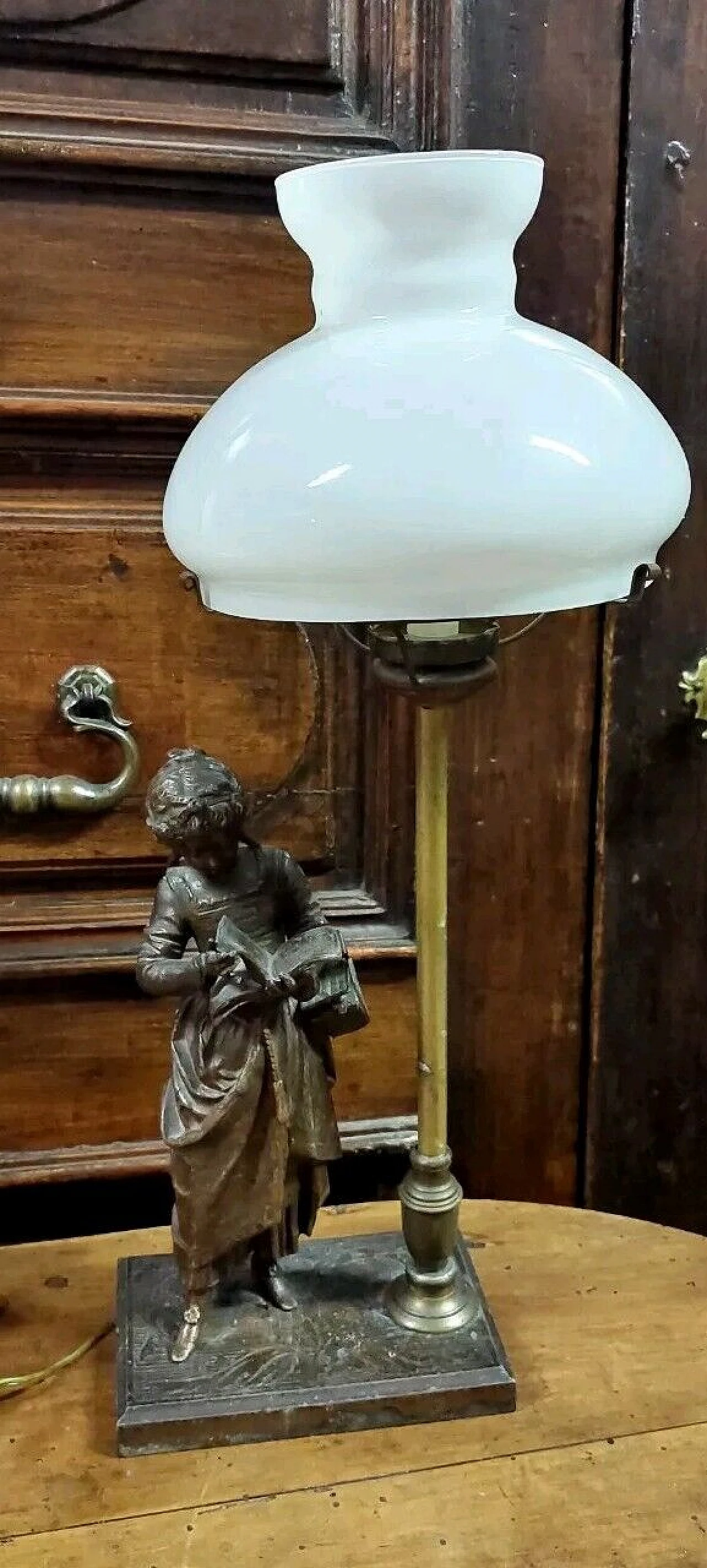 Lampada da tavolo Liberty con dama in antimonio, inizio '900 1
