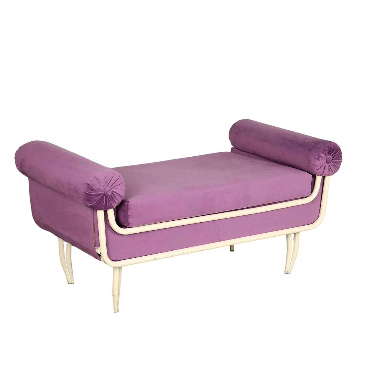 White enameled metal and purple velvet bench, 1950s 1