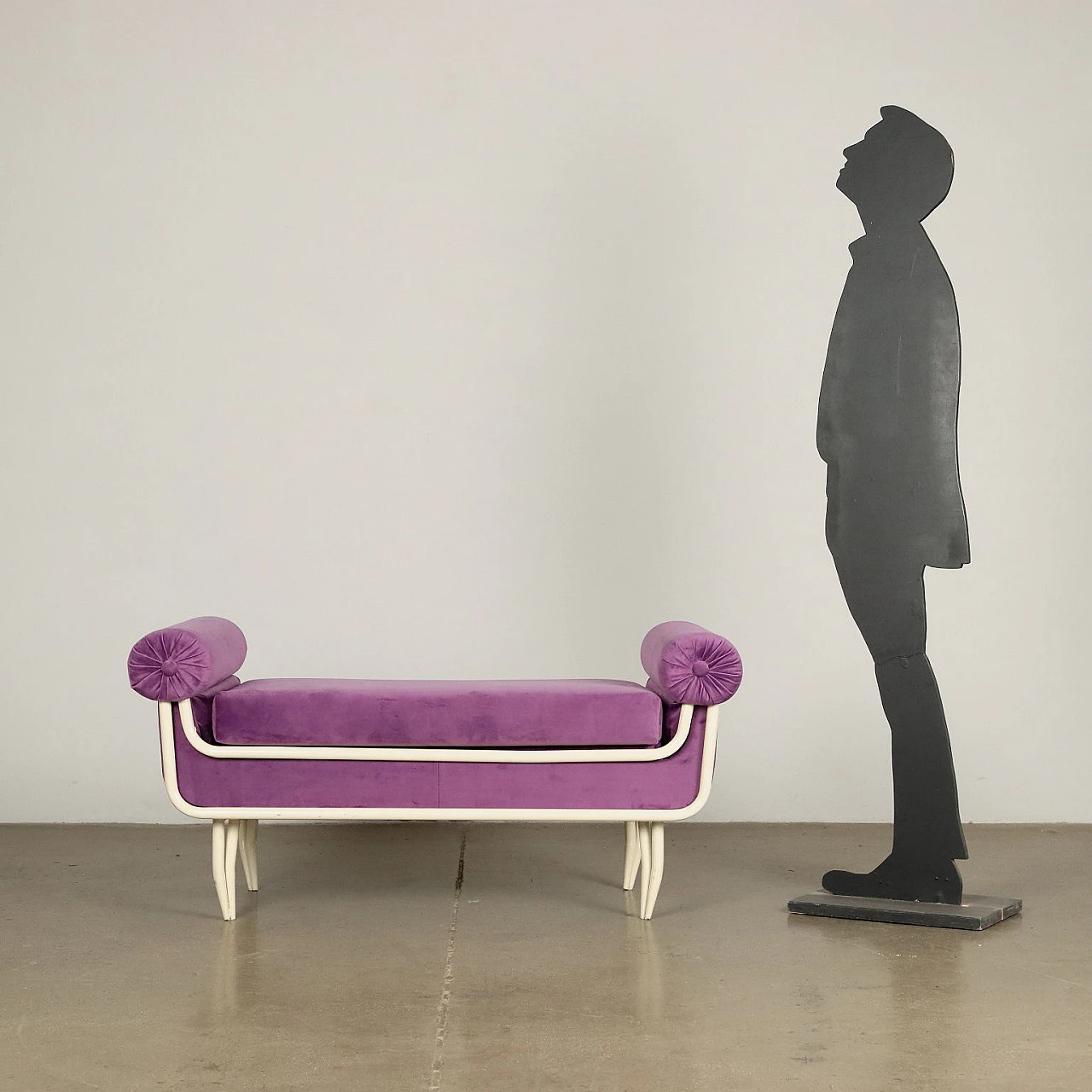 White enameled metal and purple velvet bench, 1950s 2