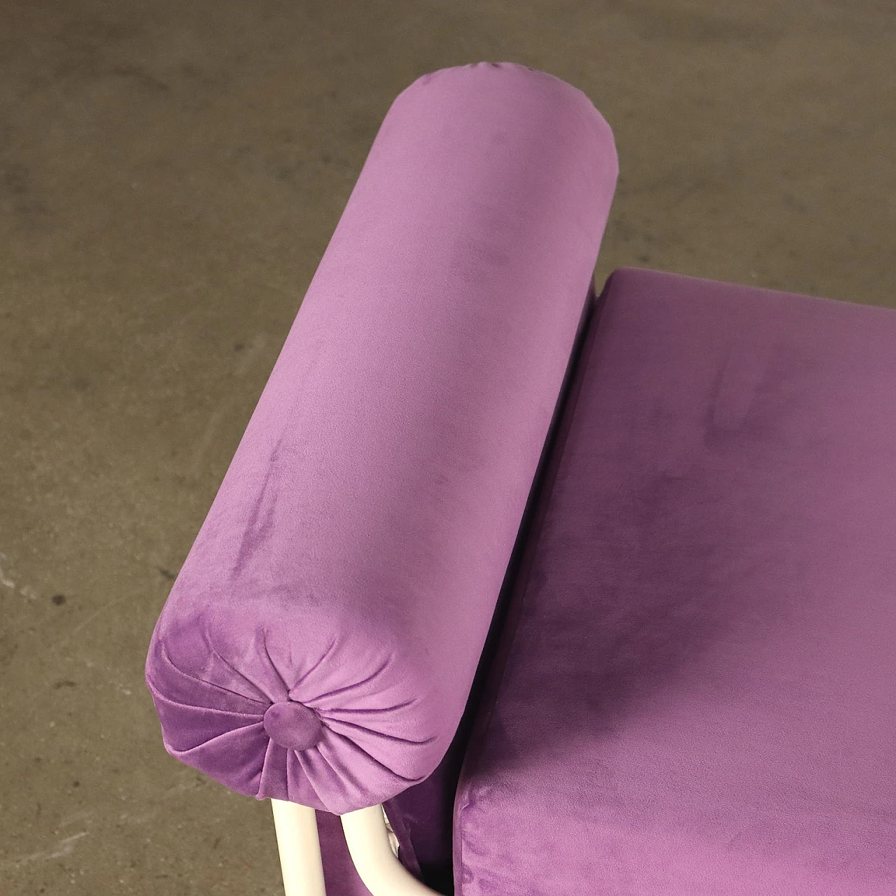 White enameled metal and purple velvet bench, 1950s 3