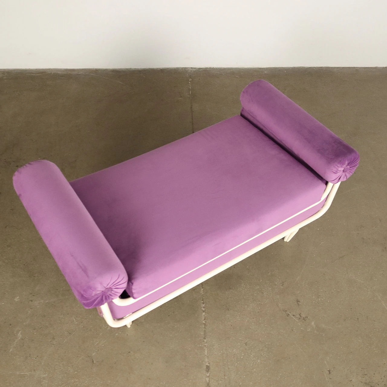 White enameled metal and purple velvet bench, 1950s 4
