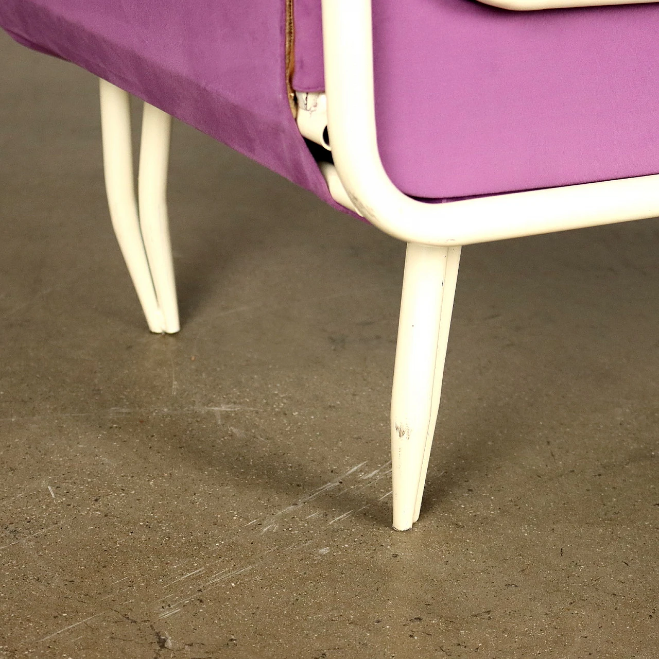 White enameled metal and purple velvet bench, 1950s 6