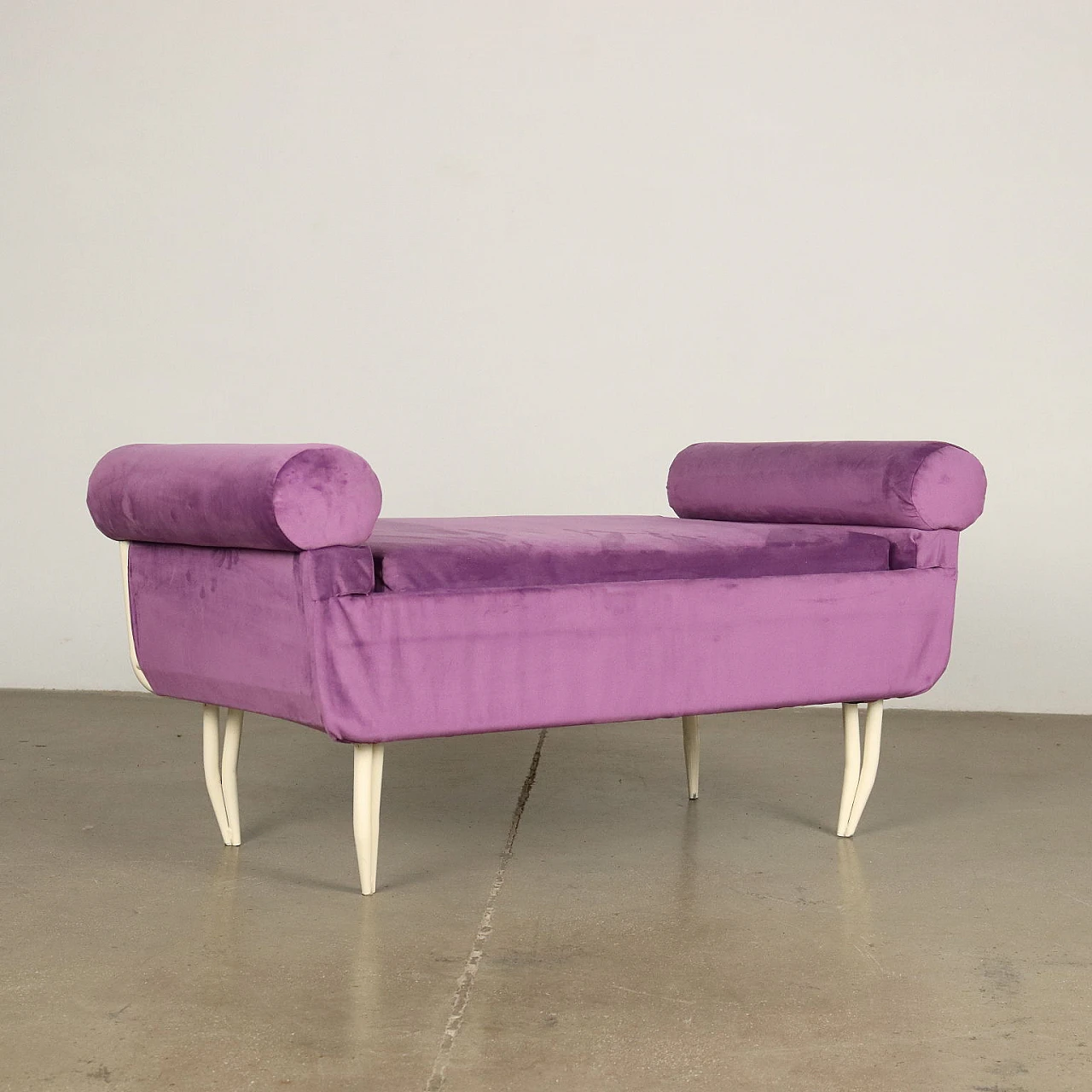 White enameled metal and purple velvet bench, 1950s 8