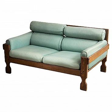Two-seater sofa in zebrano wood and teal fabric, 1950s