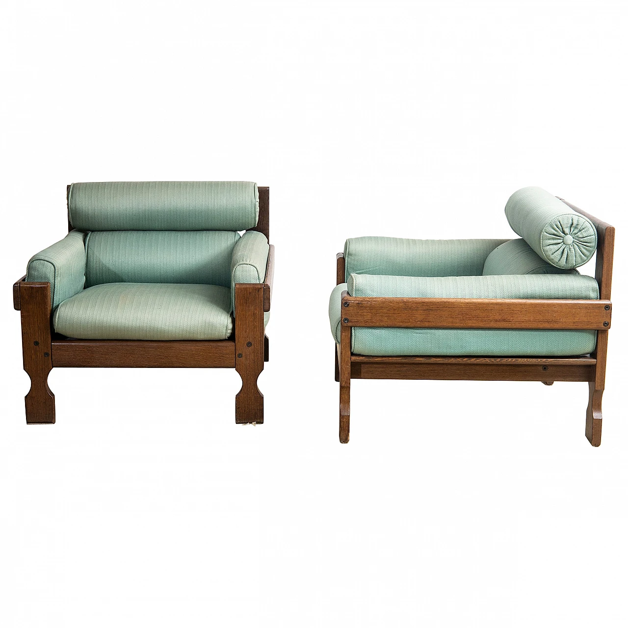 Pair of zebrano wood and teal fabric armchairs, 1950s 1
