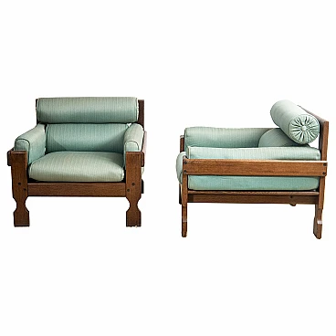 Pair of zebrano wood and teal fabric armchairs, 1950s
