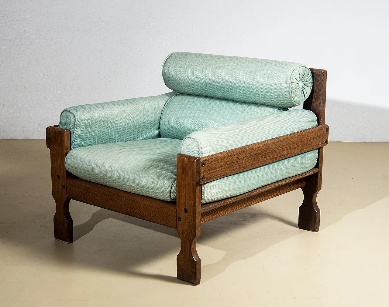Pair of zebrano wood and teal fabric armchairs, 1950s 2