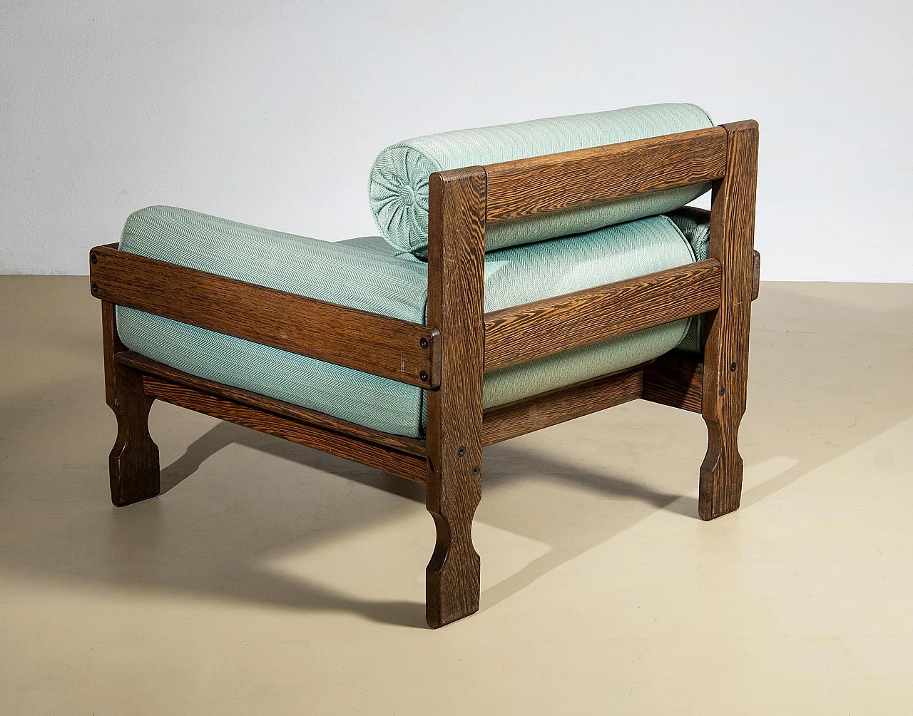 Pair of zebrano wood and teal fabric armchairs, 1950s 3