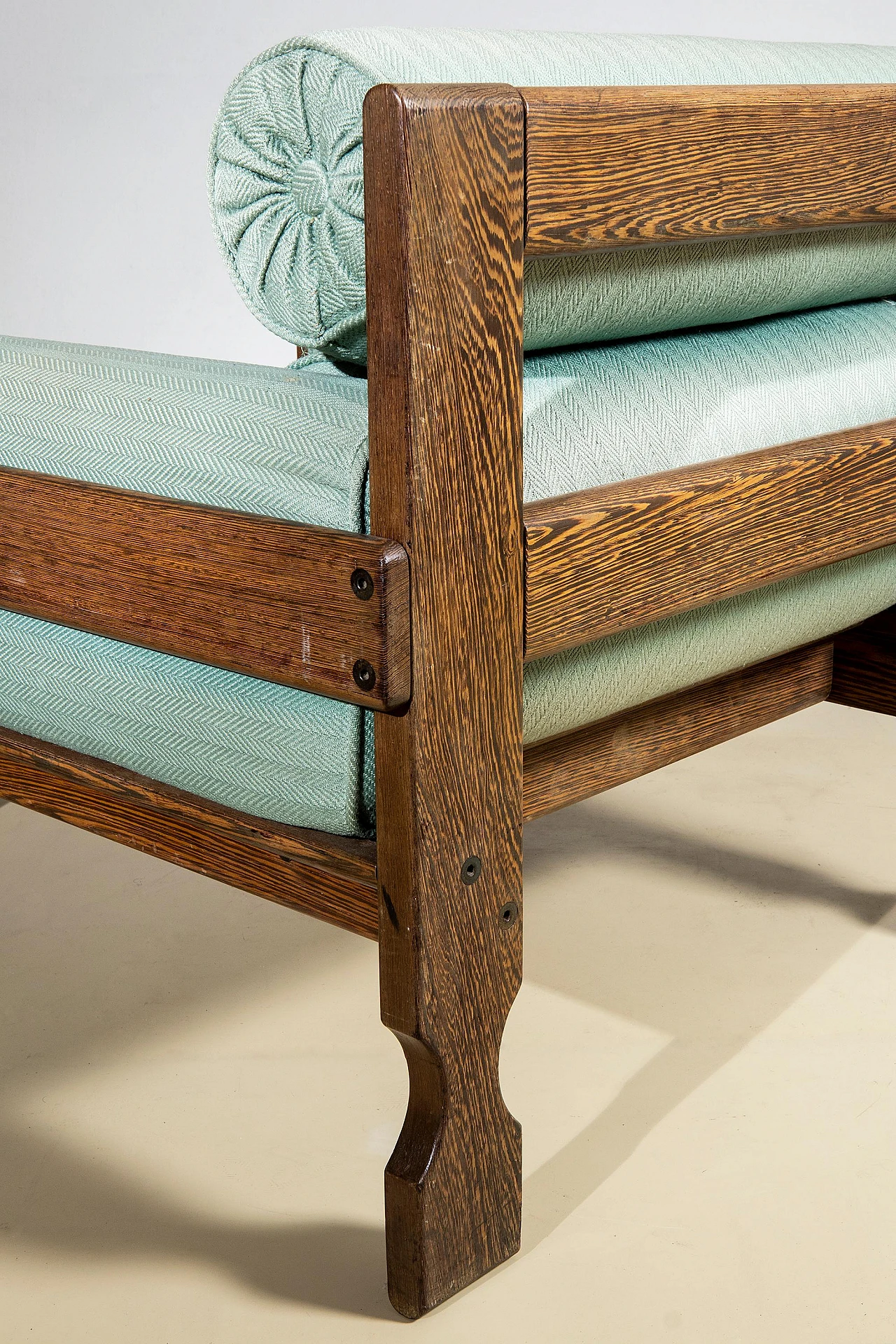 Pair of zebrano wood and teal fabric armchairs, 1950s 4