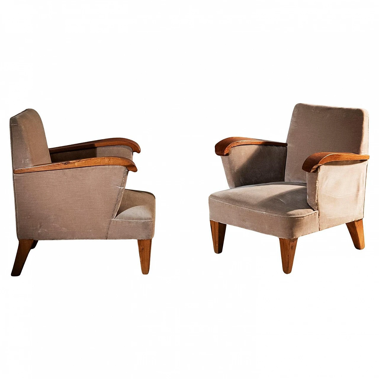 Pair of wooden armchairs upholstered in beige fabric, 1940s 1