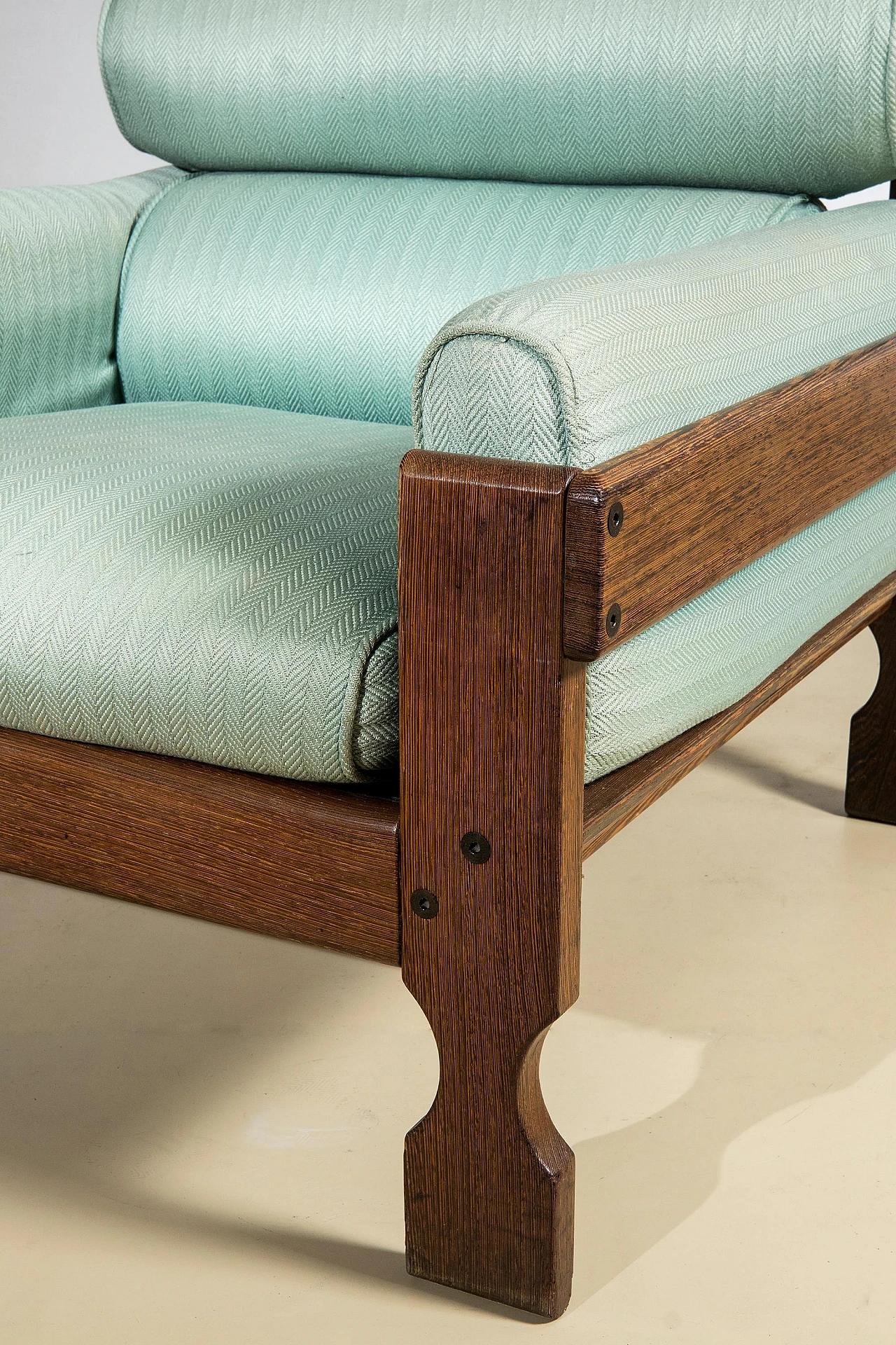 Pair of zebrano wood and teal fabric armchairs, 1950s 5