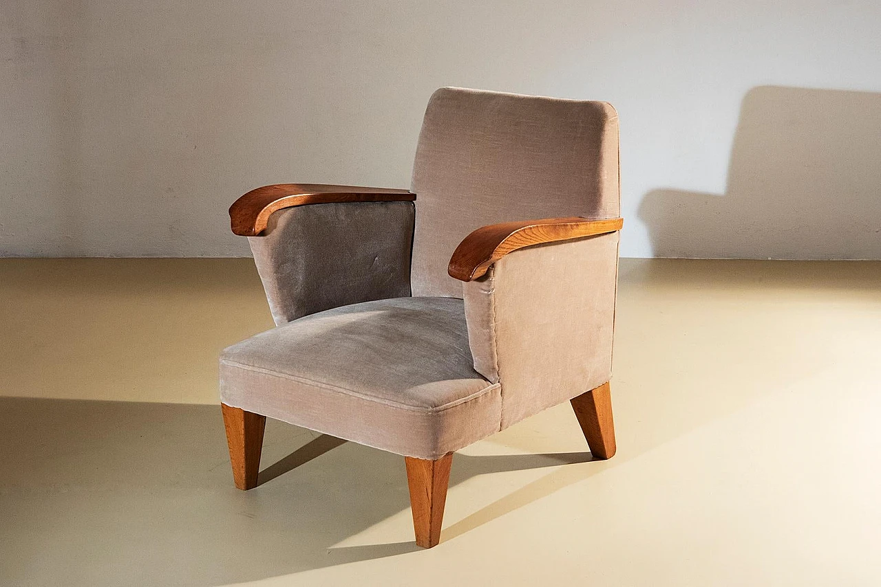 Pair of wooden armchairs upholstered in beige fabric, 1940s 2