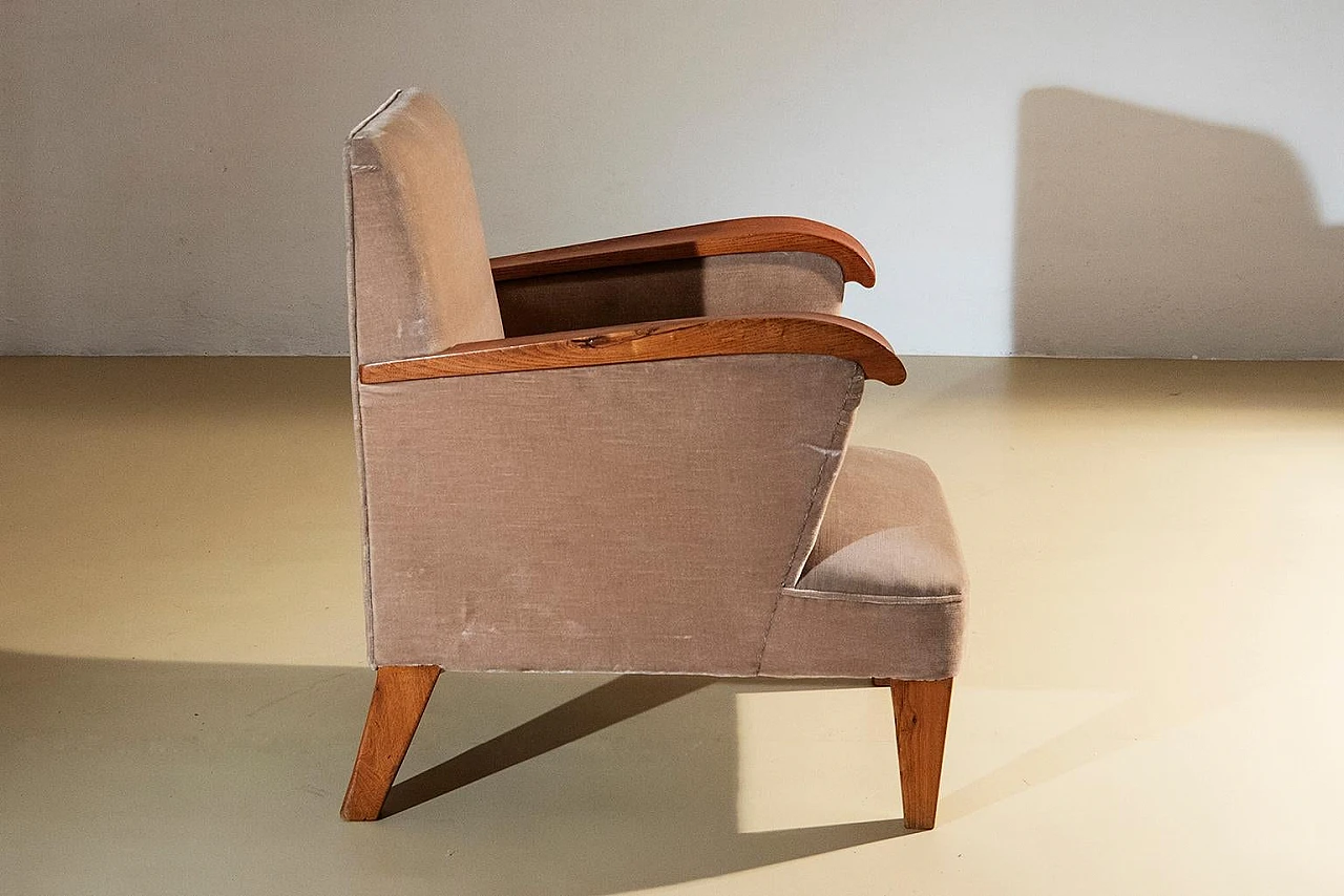 Pair of wooden armchairs upholstered in beige fabric, 1940s 3