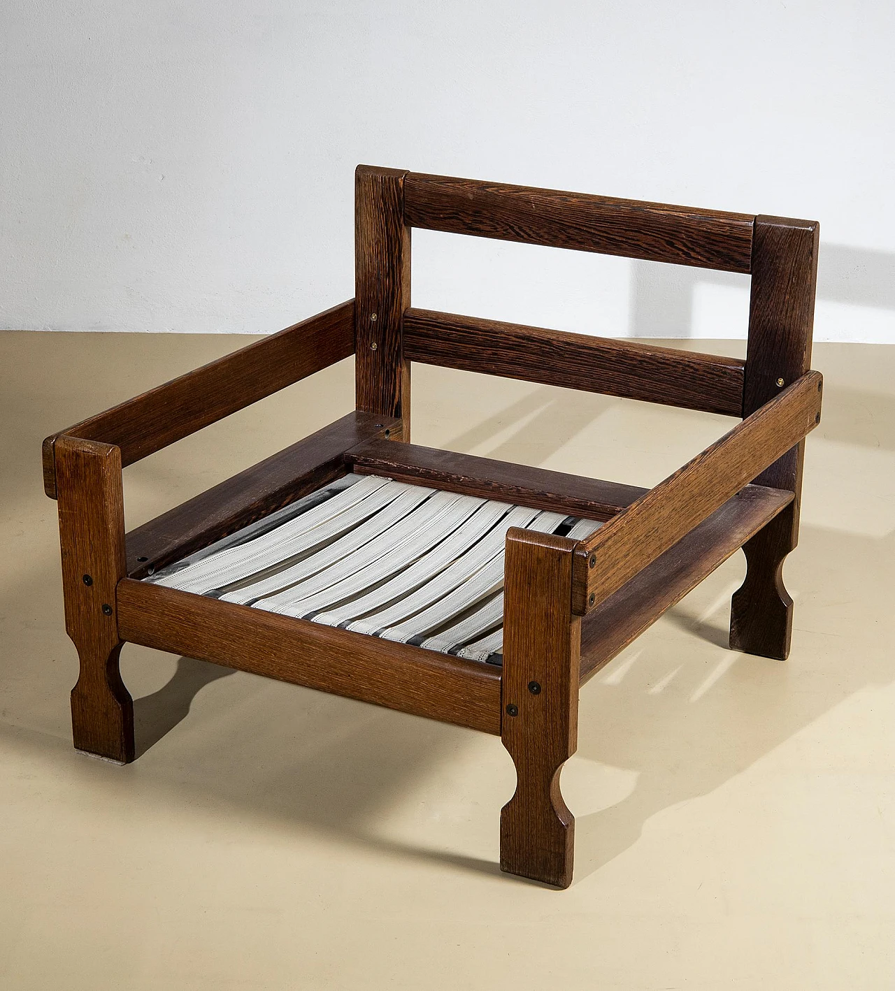 Pair of zebrano wood and teal fabric armchairs, 1950s 6