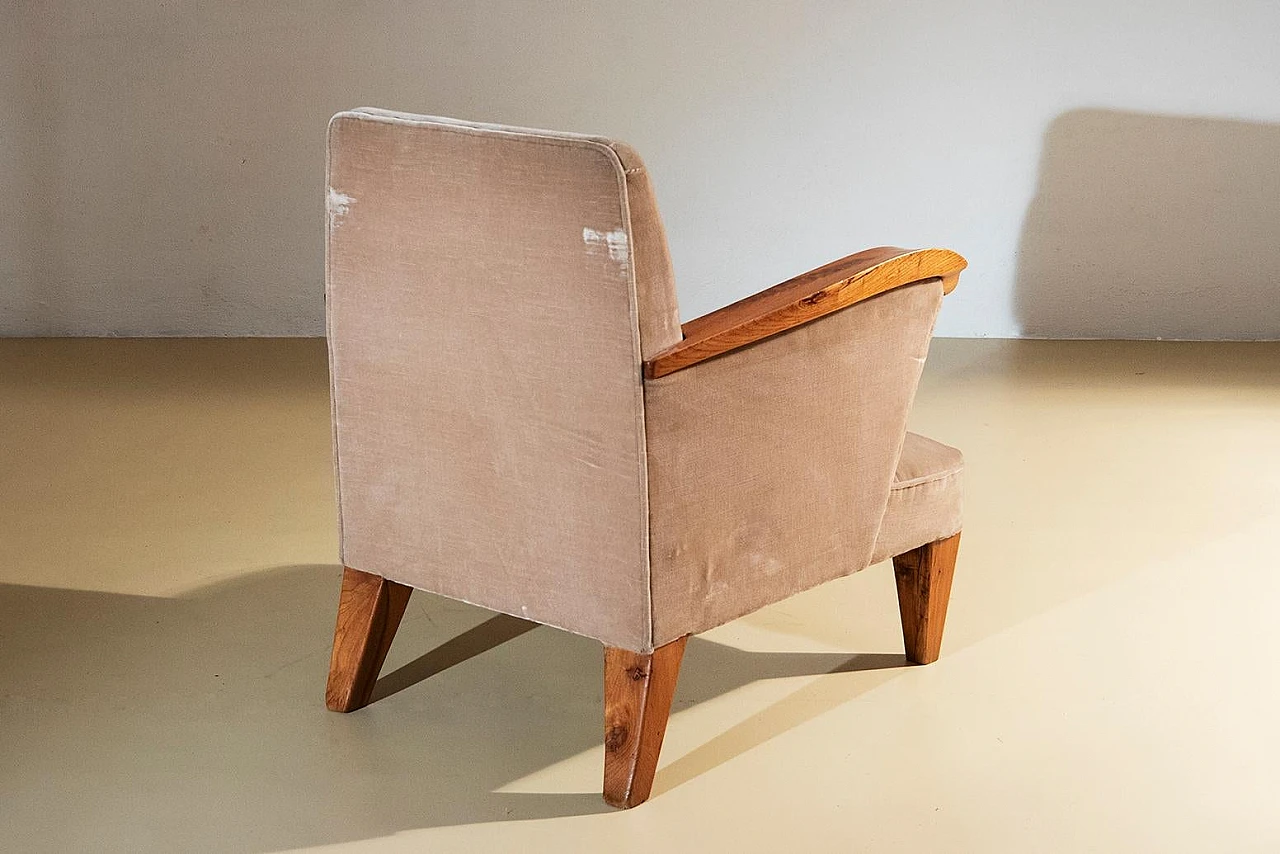 Pair of wooden armchairs upholstered in beige fabric, 1940s 4