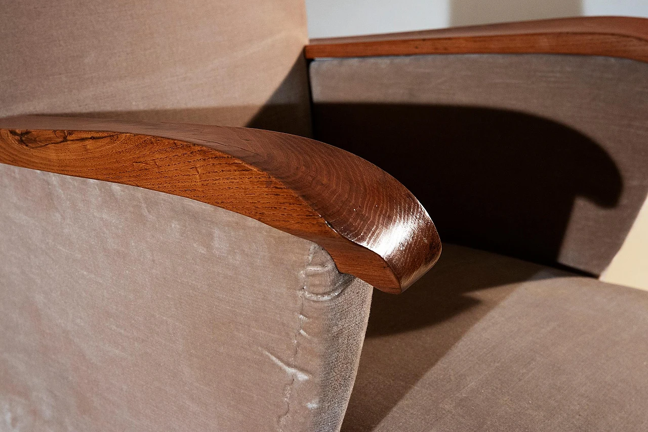 Pair of wooden armchairs upholstered in beige fabric, 1940s 5
