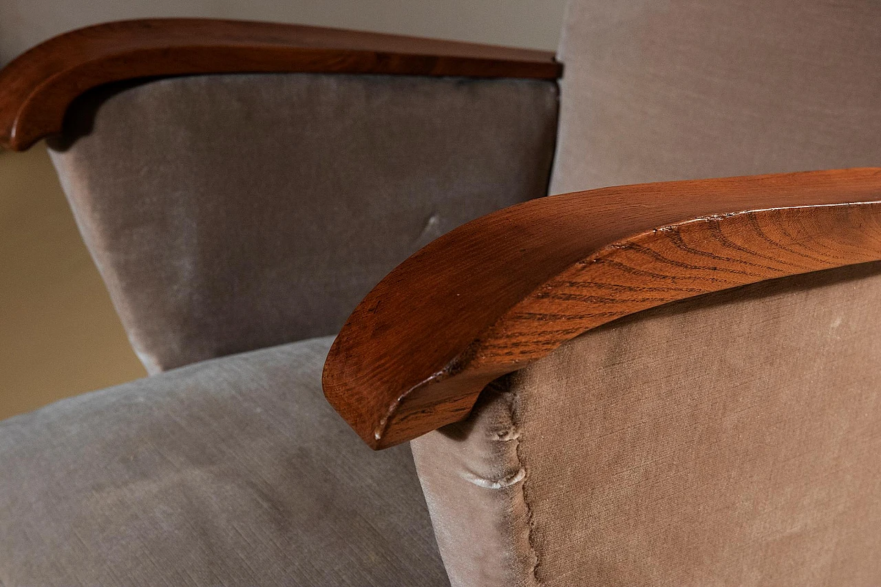 Pair of wooden armchairs upholstered in beige fabric, 1940s 6