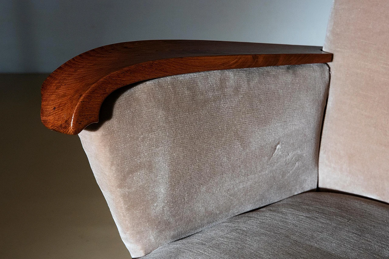 Pair of wooden armchairs upholstered in beige fabric, 1940s 7