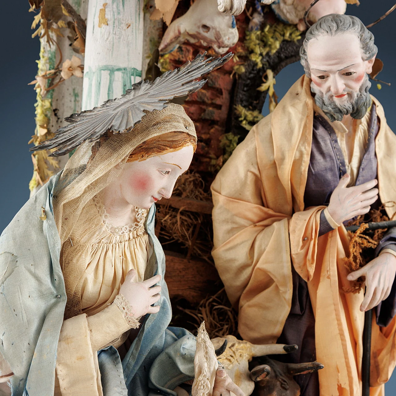 Holy Family with ox & donkey nativity scene in wood, 19th century 2
