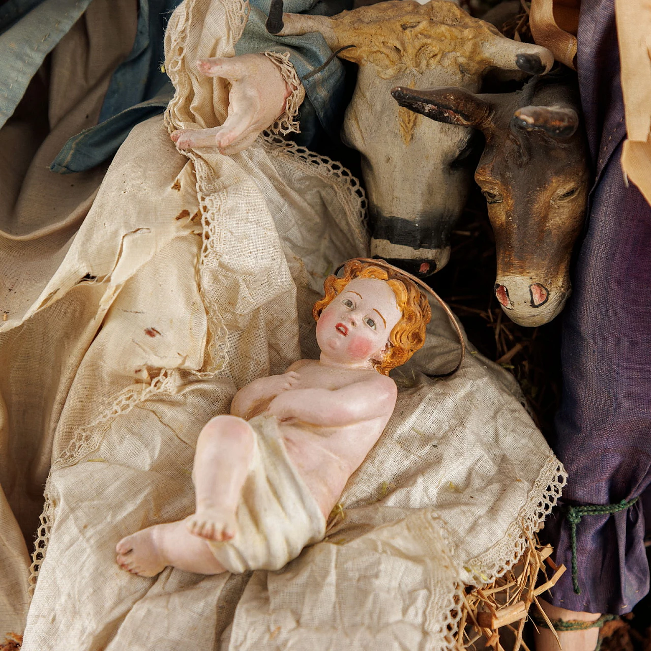 Holy Family with ox & donkey nativity scene in wood, 19th century 4